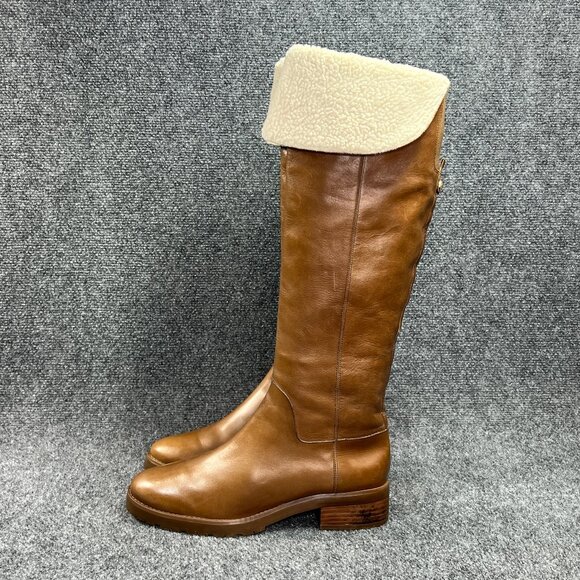 Michael Kors Whitaker Boots Womens Size 9.5 Caramel Leather Tall Shearling Block - Picture 6 of 16